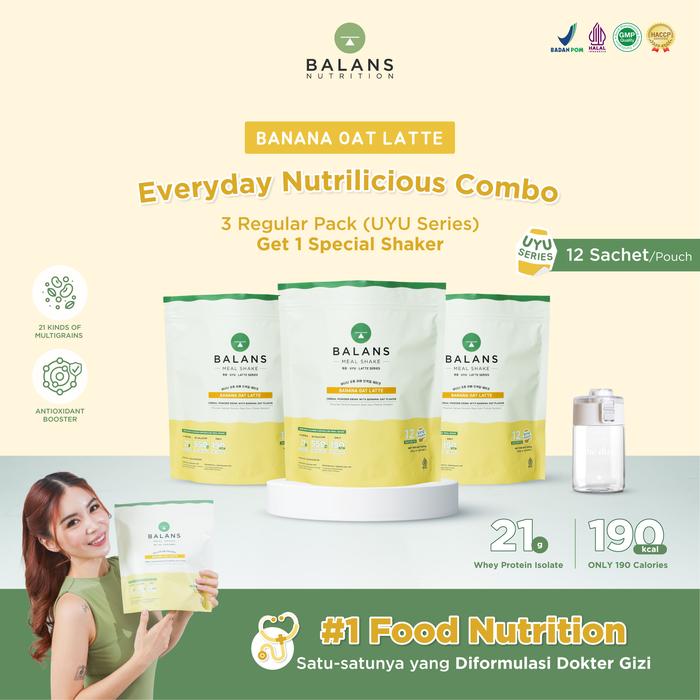 Gambar Balans Daily Nutritious Meal Package | 3 Regular Pouch Meal Shake UYU Series Free Shaker - 3 Banana Oat dari findyourbalans undefined Tokopedia