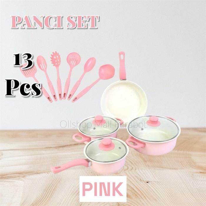 Gambar Set Panci Stainless 13in1 Multifungsi Anti Lengket - 7pcs + 6 Spatula + Tutup Kaca - Kitchenware - PINK dari Ollshop Mall Perabot undefined Tokopedia