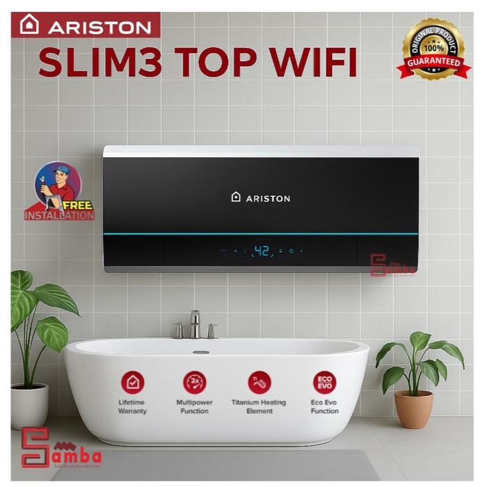 Gambar water heater Ariston Slim 3 Top Wifi 30 Liter kapasitas daya 350, 650 , 1000 watt dengan switch yang bisa mengubah kebutuhan watt yang di perlukan pemanas air listrik free instalasi pasang unit / SLIM3 30 LITER LUX - SLIM 2 30 LITER dari SAMBA undefined 3 Tokopedia