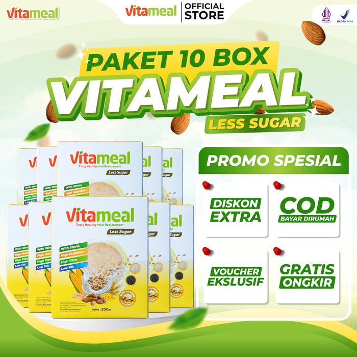 Gambar [10 BOX] VITAMEAL LESS SUGAR - Original Resmi - Sereal Makanan Nutrisi Sehat, Rendah Gula, Rendah Kalori, Tinggi Serat & Antioksidan - Sumber Protein, Kalsium, Vitamin & Mineral - Pengganti Sarapan Oat Food Granola Oatmeal Susu Cereal Meal - Paket 10 Box Less Sugar dari Vitameal Store undefined Tokopedia