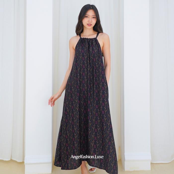 Gambar Midi Dress Korean Style Sleeveless Tanpa Lengan Bahan Rayon Motif Pita Kekinian - Peach Wave Hitam dari Angelfashion.Luxe undefined Tokopedia