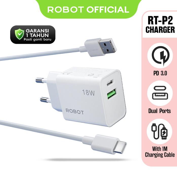 Gambar ROBOT RT-P2 Adapter Charger Dual Port USB-A/USB-C White 18W Adaptor Charger Cable Hp Kepala Casan Handphone - Garansi 1 Tahun [BISA COD] - RT-P2 dari RobotSmartPower undefined Tokopedia