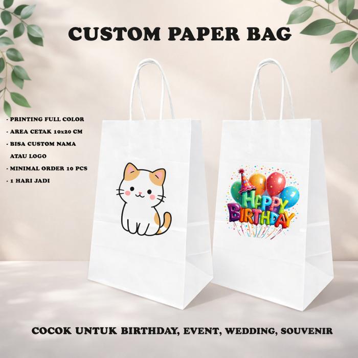 Gambar Custom Cetak Paperbag White Kraft Printing Full Color Small Paperbag Event Minimal Order 20 pcs 13,5x9x22cm - White 10x20cm 1 sisi dari Kiky Stationery Kota Surakarta Tokopedia