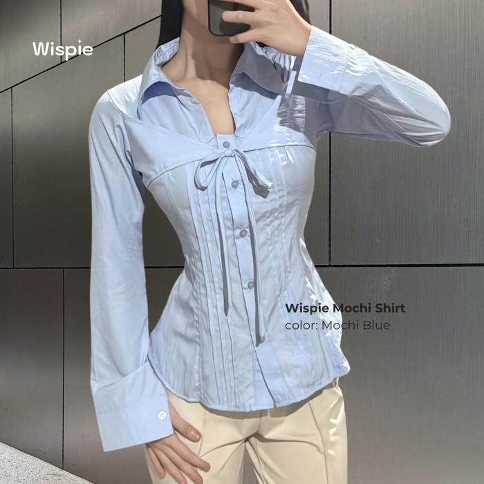Gambar Wispie Mochi Shirt | Kemeja Wanita Lengan Panjang Tali Pita Slim Fit Soft Touch Parachute Blue Pink Cream Grey - Mochi Blue, L dari Wispie undefined Tokopedia