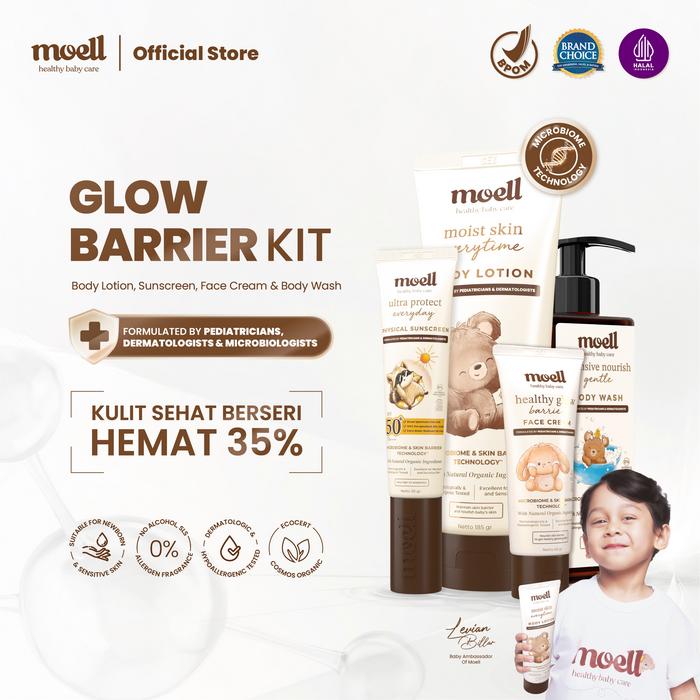 Gambar Moell Glow Barrier Kit deals! Body Lotion 185gr & Physical Sunscreen 30gr & Face Cream 40gr - Physical Sunscreen SPF 50(+) PA(++++) -Melindungi Dan Memperkuat Skin Barrier - Dengan Microbiome Teknologi Formulasi Dokter - Skincare Anak - BODY LOTION + SUNSCREEN + FACE CREAM + BODY WASH dari MOELL OFFICIAL undefined Tokopedia