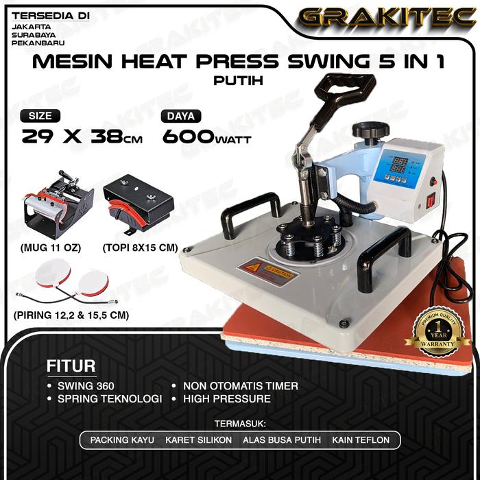 Gambar Grakitec Mesin Press Multifungsi Swing 2938 Combo All in One 3 in 1, 5 in 1, Sliding - Kaos, Mug, Topi, dan Piring - 5 IN 1 2938 PUTIH dari Grakitec undefined Tokopedia