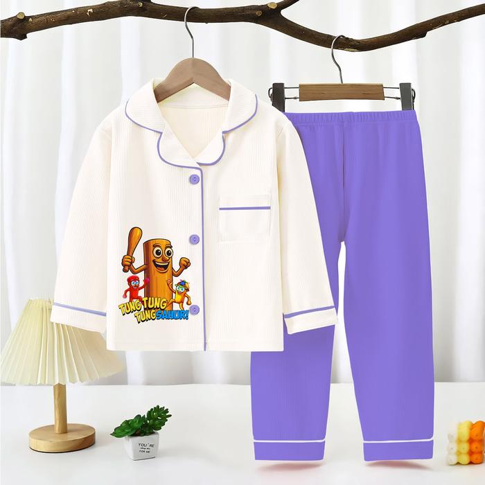 Gambar Ciahaw -Setalan Pajamas Anak Tung Tung Sahur Uni sex Fashion Baju Tidur Anak Cowok Cewek Bahan Katun Lembut Nyaman Lengan Pendek dan Panjang Size ML XXL XXXL - PP Ungu Tung Sahur, S dari ciahaw undefined Tokopedia