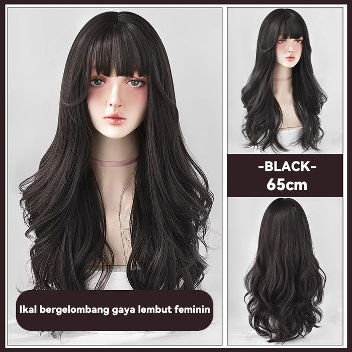 Gambar Full Wig Korean Style Curly/Alami/ Panjang Poni/rambut palsu/rambut palsu wanita/rambut palsu wanita curly/wig wanita - Black dari July Princess undefined Tokopedia