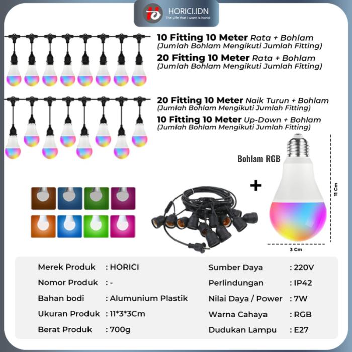 Gambar KABEL FITTING LAMPU GANTUNG E27 10 METER 20 FITTING OUTDOOR WATERPROOF FITING DEKORASI HIASAN TAMAN CAFE - RGB, 10METER+10FITTING RATA dari Horici.idn undefined Tokopedia