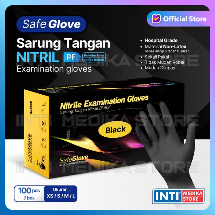 Gambar SAFEGLOVE - Sarung Tangan Nitril POWDER FREE Tanpa Tepung | Nitrile Examination Gloves PF - Black, XS dari INTI MEDIKA STORE undefined Tokopedia
