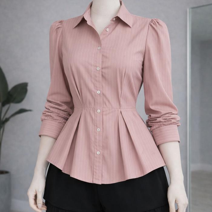 Gambar MZ - Kemeja Strip  Rample fit body slimfit wanita terbaru - Kemeja Rample - Pink, Ukuran M dari muezza.outfit undefined Tokopedia