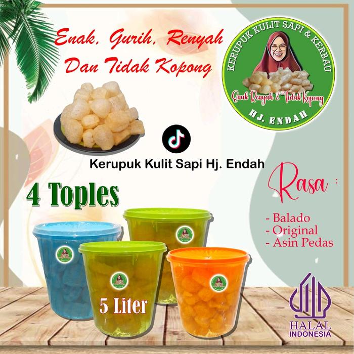 Gambar kerupuk kulit 5 ltr 4 toples hj endah, snack  cemilan enak gurih renyah Keripik sapi - 4 toples original (asin gurih) dari kerupuk kulit sapi hj. endah undefined Tokopedia