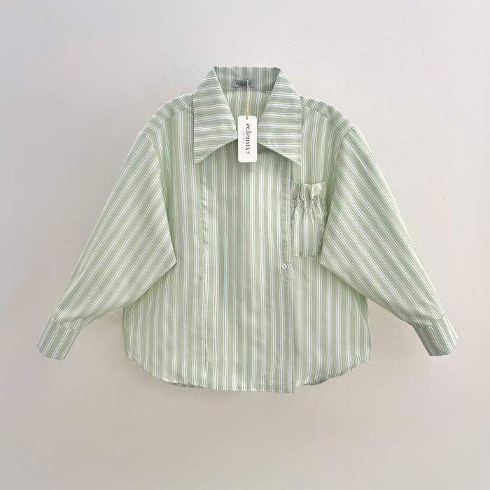 Gambar Eclemix | Atasan Wanita Kemeja Oversize Saku Kerut | Top Volumi | Shirt Stripes Lengan Panjang - Stripes Green dari eclemix undefined Tokopedia