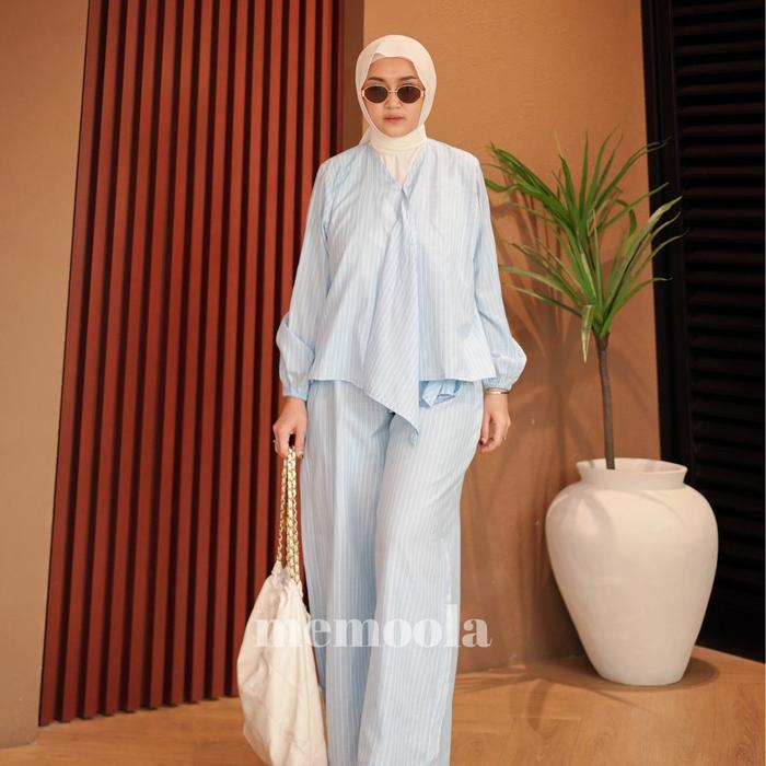 Gambar Deeaf Nura Set Salur / One Set Salur Memoola / Blouse Salur Wanita / Kemeja oneset variasi - Ice Blue, Jumbo dari gudang muslim wear undefined Tokopedia