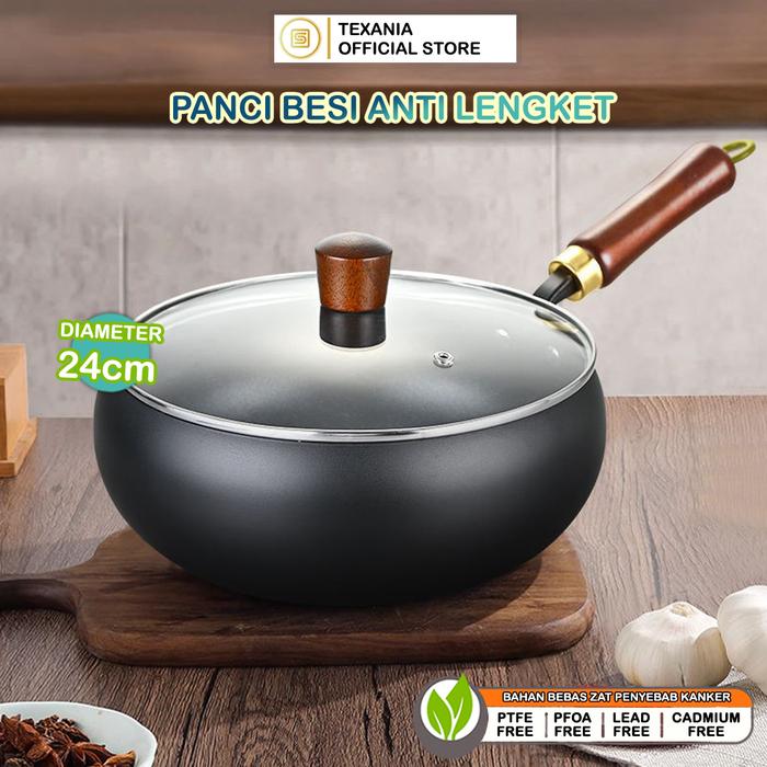 Gambar [MALL DAY BABYOLIV] TEXANIA Panci Besi Non-Coating Sehat Multifungsi Anti Lengket Tahan Lama Mudah Dibersihkan Gagang Kayu Dengan Tutup Kaca Tebal Diameter 24cm Kitchenware dari Texania house ware store undefined Tokopedia
