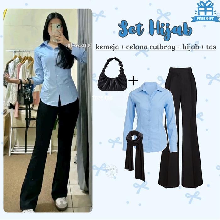 Gambar Oneset Wanita Korea ( Kemeja + Celana Cutbray + Tas ) OOTD Korean Style Kekinian E59 Atasan Wanita Bahan Nyaman - Set Hijab ( Kemeja + Celana Cutbray + Hijab ) Free dari Sakuya08 undefined Tokopedia