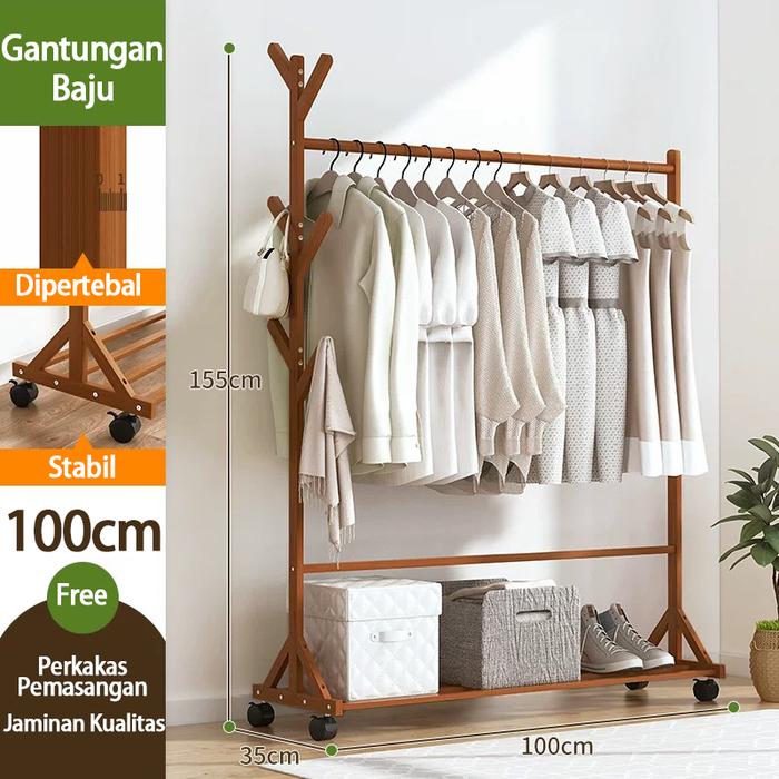 Gambar LH-Gantungan multi-fungsi dengan 4 roda Cantik dan elegan Mudah disimpan Gantungan lipat kayu yang kokoh dengan desain segitiga Portable rak sebag susun jemuran dalam rumah rak baju gantung Pakaian - 100*35*155cm-Coklat dari LEHUAN MALL undefined Tokopedia