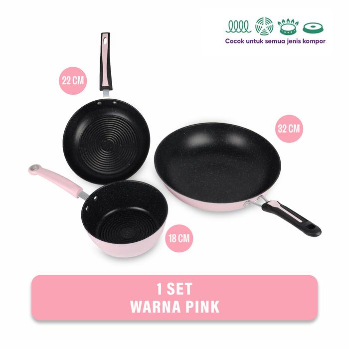 Gambar Panci Wajan Set 3pcs Wajan Penggorengan Set Anti Lengket - 1 set 3 pcs pink dari MADIA .id undefined Tokopedia