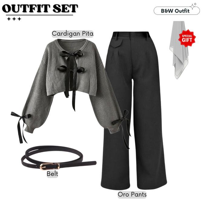 Gambar RS28 | Monokrom Outfit Trendy & Classy (Setelan Cardigan Ribbon Dark Grey, Oro Pants Hitam, dan Belt Hitam) | Outfit Ngonser dan Ngafe Cantik - RS28 Outfit Set dari Rosapeastyle undefined Tokopedia