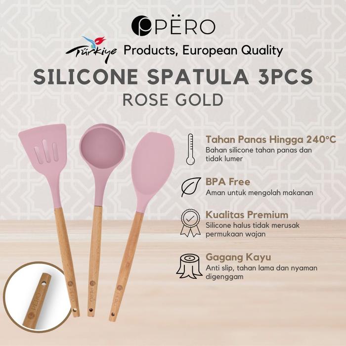 Gambar [CELYHOME PO FEBRUARI] Pero Silicone Spatula set of 3 / Set Spatula Silicon / Anti Panas / SCRAPPER, SOLID SLOTED, SPATULA - Rosegold dari Pero Indonesia undefined Tokopedia