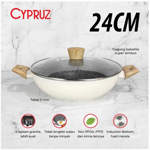 Gambar Cypruz White Granite Wok Pan / Kuali Tebal Anti Lengket + Tutup Kaca - KI0802 24CM dari Jawa Electrik undefined Tokopedia