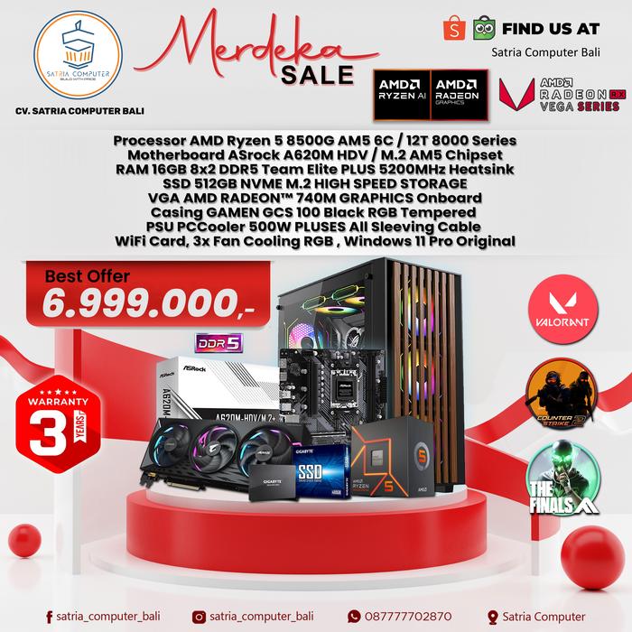 Gambar Satria Computer Bali RAKITAN PC Gaming AMD Ryzen 5 8500G AM5 16GB DDR5 5200MHz SSD 512GB NVMe Radeon 740M Garansi 3 Tahun Best Offer dari Satria Computer Bali undefined Tokopedia