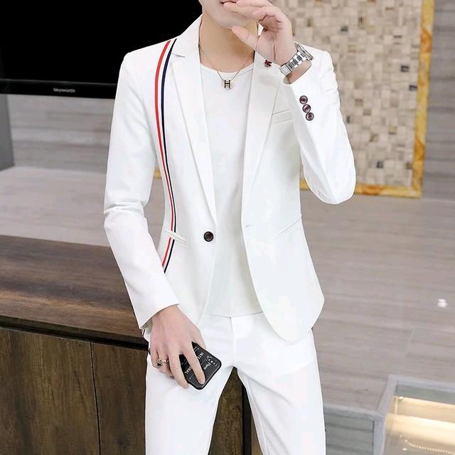 Gambar SETELAN JAS PRIA TERBARU VARIASI GARIS PITA WARNA / BLAZER ELEGANT PRIA GAYA KOREA Formal Slim Fit Kancing High Nyaman - Putih, L dari CV IKTIBAR CIPTA KARYA undefined Tokopedia