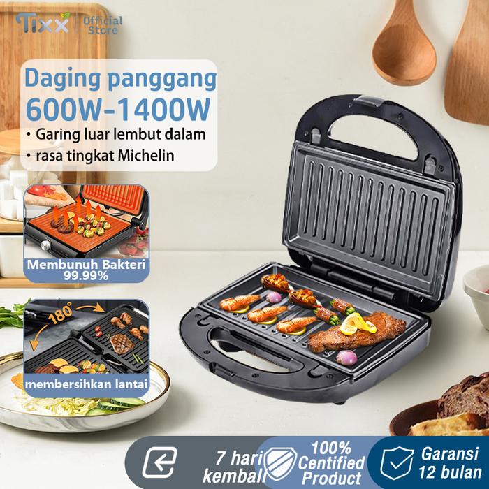 Gambar Tixx Pemanggang Steak Pemanas Dua Sisi - Pemanggang Steak, Pembuat Sandwich, Alat Sarapan. - Hitam+Tanpa asap & anti lengket+Panggang dua sisi dari Tixx official ID undefined Tokopedia