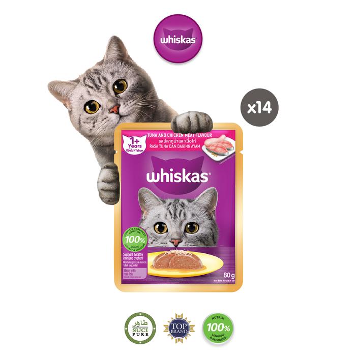 Gambar WHISKAS Makanan Kucing Basah Pouch 80gr - Isi 14 - Tuna & Chicken Meat dari Whiskas Indonesia undefined Tokopedia