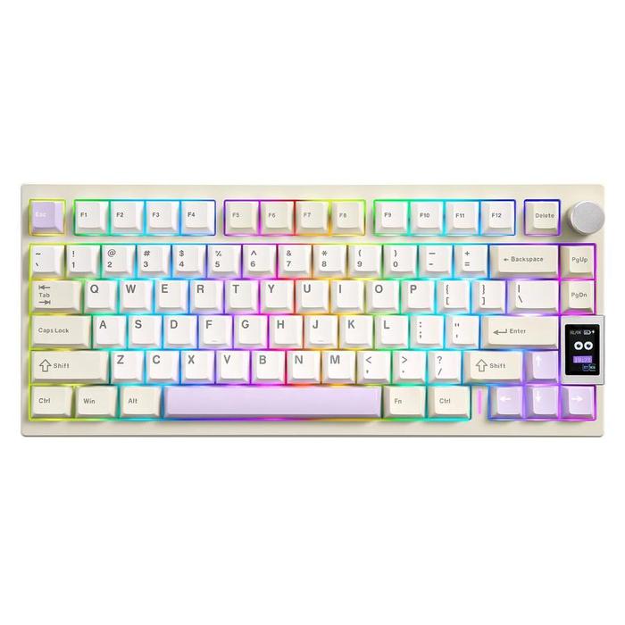 Black aluminium gaming keyboard with RGB lights and LCD screen