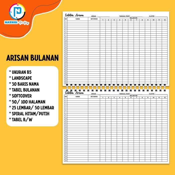 Gambar (NON CUSTOM) LANDSCAPE Buku Rekap Arisan Tabel HARIAN Jilid Spiral Tabel BW - B5 BULANAN, 50 LEMBAR dari Nazriel Printing undefined Tokopedia