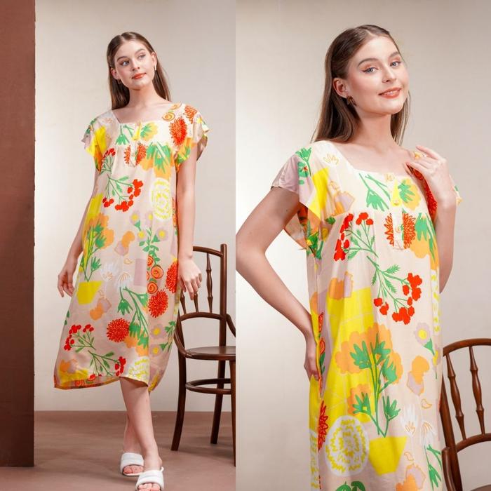 Gambar Oriana Homewear Midi Dress Daster Pendek Busui Malvia Sizing Collection - Tiffany Creammy, S-M dari Oriana Homewear_NEW undefined Tokopedia