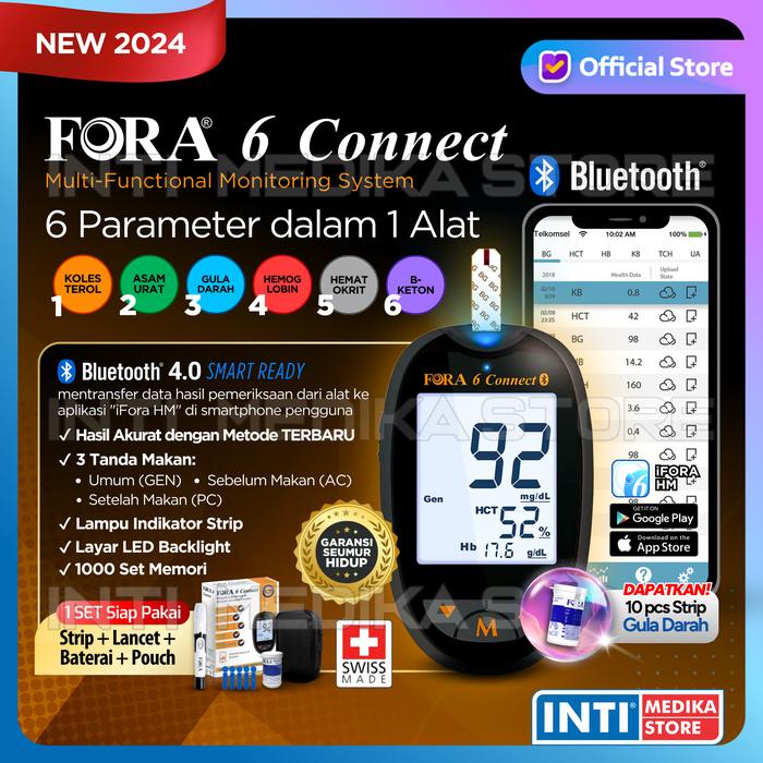 Gambar FORA 6 CONNECT - Alat Cek 6in1 Gula Darah + Kolesterol + Asam Urat + B-Keton + Hemoglobin + Hematokrit | Buatan SWISS | Connect Smartphone LED Backlight Metode Terbaru | Multi-Functional Monitoring System with BLUETOOTH - Tanpa Oneswab  dari INTI MEDIKA STORE undefined Tokopedia