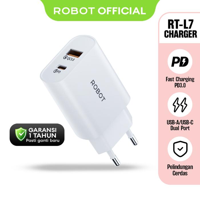 Gambar ROBOT RT-L7 Charger  Handphone Iphone & Android Fast Charging 20W PD3.0 Dual Port USB-A & USB-C Perlindungan Cerdas Original - Bergaransi Resmi 1 Tahun - Bisa COD - RT-L7 dari RobotSmartPower undefined Tokopedia