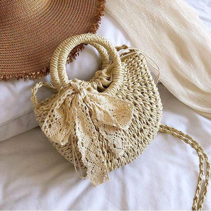 Gambar Tas Selempang Cantik Unik Vintage Retro Summer Half Moon Bali Beach Rotan Sling Bag Import  Anyaman Slingbag Cewek Wanita - Beige dari theivyshop undefined Tokopedia
