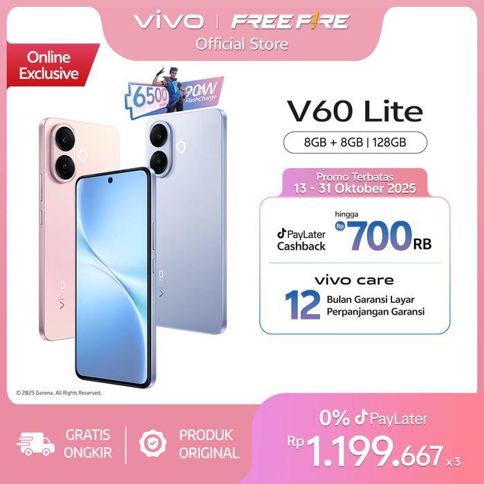 Gambar [ONLINE EXCLUSIVE] vivo V60 Lite 4G (8/128) 50MP Sony Camera, 6500 mAh + 90W FlashCharge, Bypass Charging, AI Four-Seasons, SGS 5-Star Drop Resistance dari vivo Indonesia undefined Tokopedia