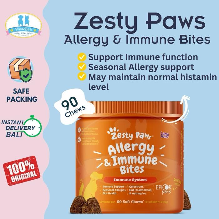 Zesty Paws Allergy Immune Bites Vitamin Anjing USA Peanut Butter, 90ct