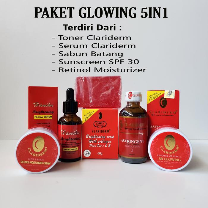 Gambar Paket Glowing 5IN1 Clariderm - Glow & Bright Moisturizer Cream - BB Glowing Sunscreen SPF 30 - Sabun Batang - Serum & Toner Clariderm dari PASQUEN undefined Tokopedia