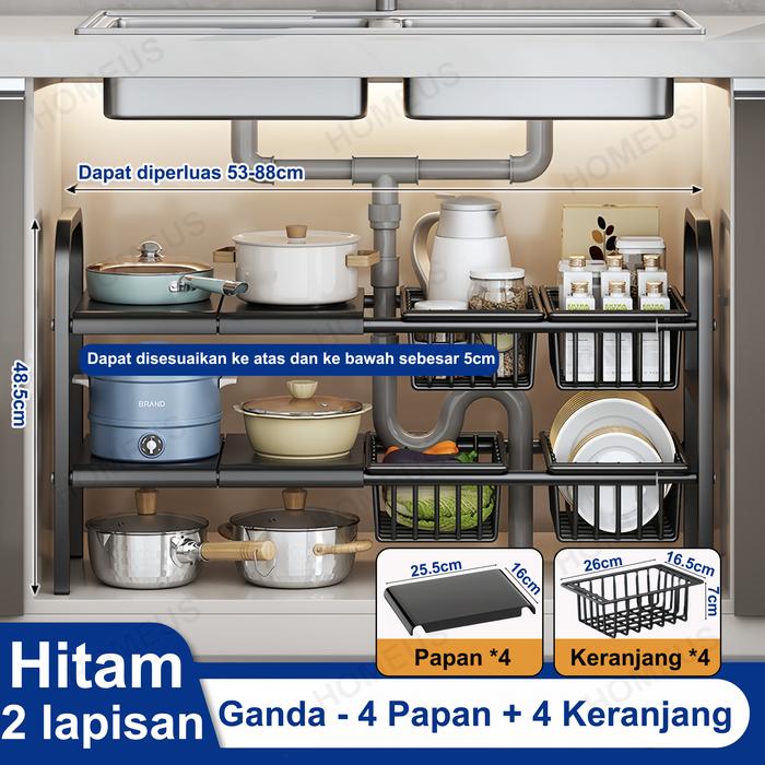 Gambar Homeus Rak Dapur Stainless Steel yang Dapat Diperluas Rak Dapur Rak Panci Rak Wastafel Rak Serbaguna - 4 Papan&4 Keranjang Hitam dari Homeus id undefined Tokopedia