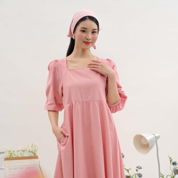 Gambar MKY Clothing Sophia Puff Sleeve Tiered Midi Dress - Dress Midi Linen untuk Tampilan Elegan Anda - Pink, S/M dari MKY Clothing undefined Tokopedia