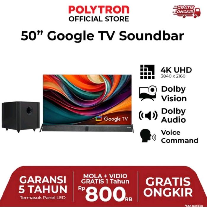Gambar POLYTRON PLD 50BUG5959 / 50BUG5058 Cinemax Soundbar LED TV 50 inch Smart Google Digital 4K UHD TV dengan Garansi 5 Tahun & Konten Premium Mola 12 Bulan - Hdmi dari VIXION HOME SOLUTION undefined Tokopedia
