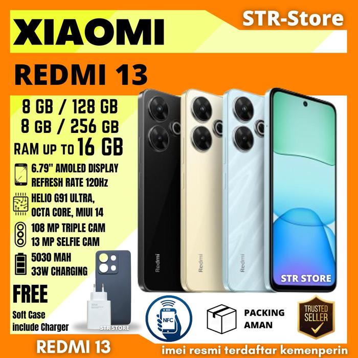 Gambar XIAOMI REDMI 13 8/256 GB ANDROID GARANSI RESMI XIAOMI REDMI 13 8/128 GB - XIAOMI REDMI 13 - Harga Promo, 8GB / 128GB dari STR STORE . undefined Tokopedia