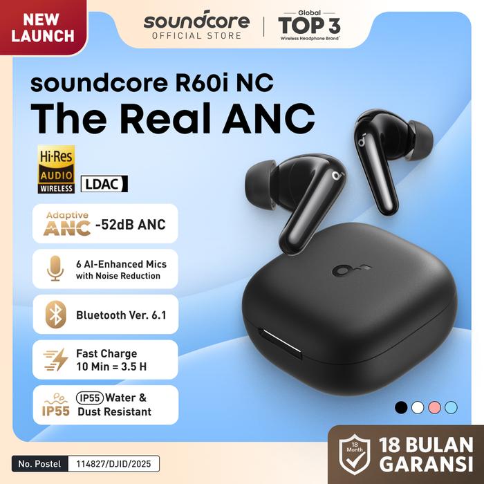 Gambar Soundcore R60i NC (R50i NC Upgrade) by Anker, Real-Time Adaptive Noise Cancellation, Hi-Res Sound, AI Translation Earbuds, 50H Playtime, Wireless Earbuds, Bluetooth Earphones, Spatial Audio, Fast Charging, IP55 - D1202 - Black dari Soundcore by Anker undefined Tokopedia