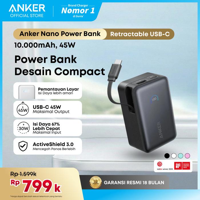 Gambar Anker Nano Portable Power Bank Intelligent Display 10,000mAh 3 ports with Built-in Retractable Type-C Cables 45W Fast Charging PD PPS2.0, Pass Through Charging for iPhone, Samsung - A1638 - Black dari Anker Indonesia undefined Tokopedia