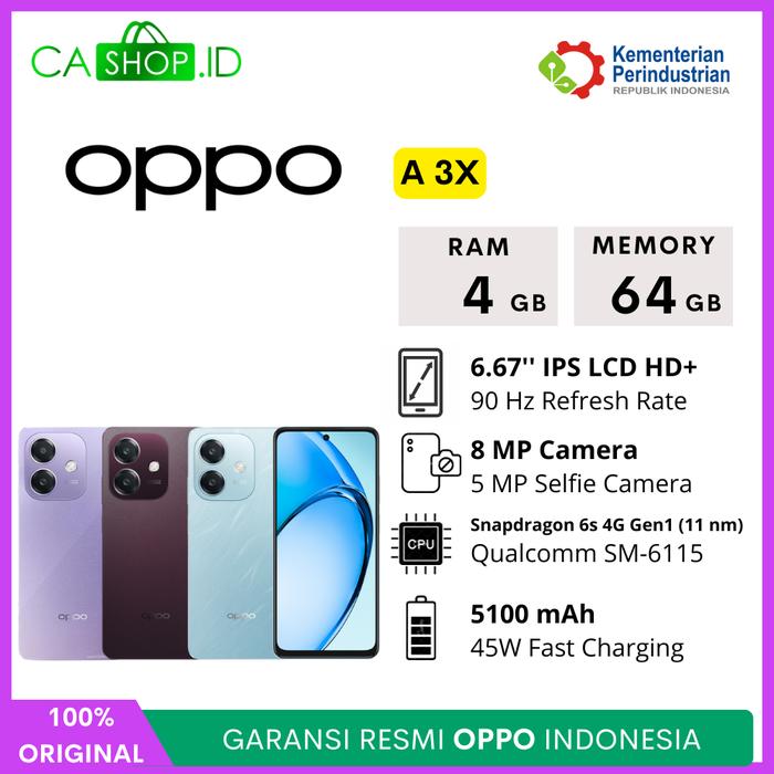 Gambar Oppo A3x - 6/128GB + 4/128GB + 4/64GB - New Original Garansi Resmi - 4GB / 64GB, Ocean Blue dari CA Shop undefined Tokopedia