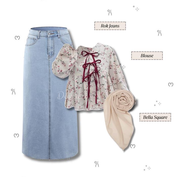 Gambar Dearlumi - OOTD Korean Giselle Outfit Kekinian ( Blouse Bunga + Rok Jeans + Hijab Bella ) Outfit Tren Kekinian SET Ka-009 Baju Kancing - 3in1 Set Hijab dari Dearlumi undefined 4 Tokopedia