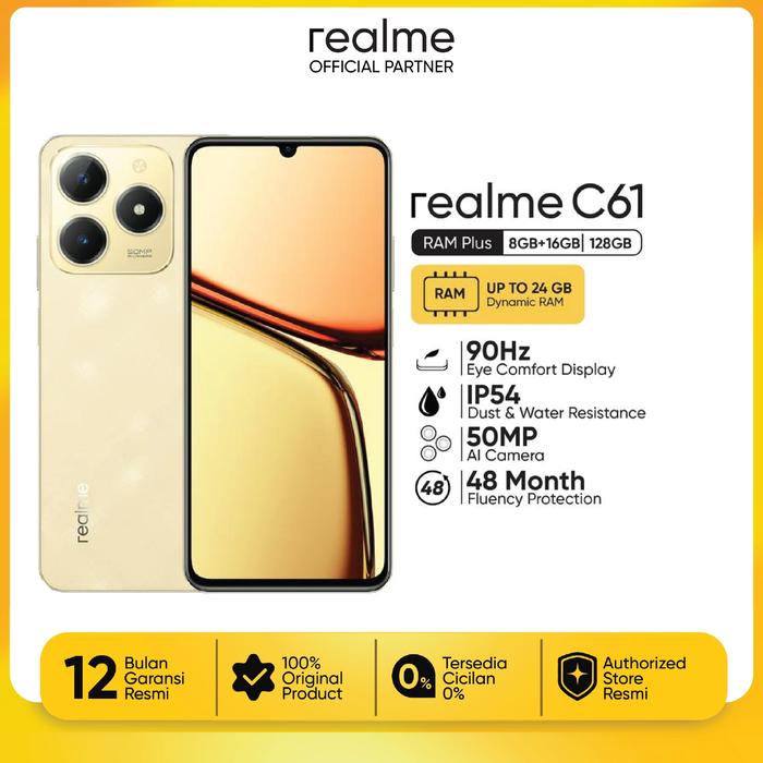 Gambar realme C61 8+128 (50MP AI Camera | 90Hz Eye Comfort Display | 7.84mm Ultra Slim Design | Powerful Octa-core Chipset | 5000mAh Massive Battery) - Sparkle Gold dari realmeofficialpartner undefined Tokopedia