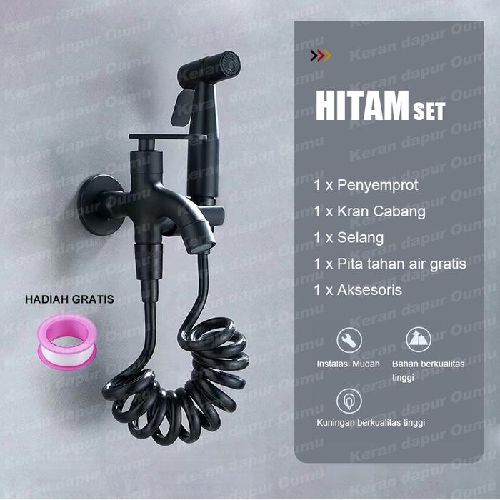 Gambar SUS 304 1 Set Jet Shower Kloset dan Kran Cabang Shower Hitam / Jet Washer Toilet / Kamar Mandi Kran Air Double Kran Washing Machine Bidet Spray / Kran Shower Semprot Toilet 1/2 Inch dengan Selang 1.5 M Sprayer - Kit Hitam + Kran dari Oumu Home & Living undefined Tokopedia
