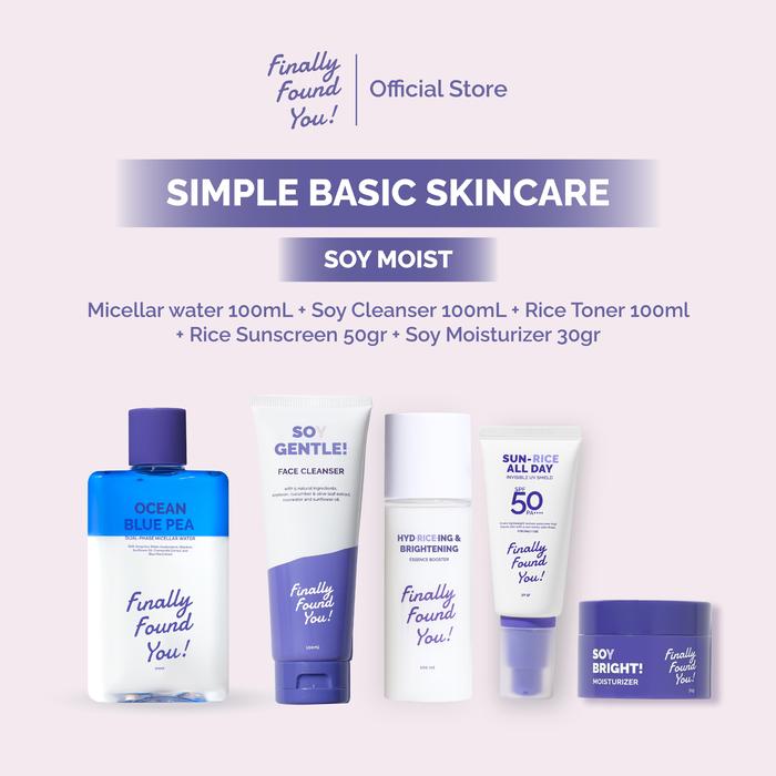 Gambar Finally Found You! Simple Basic Skincare Set 5in1 : (Micellar water 100mL + Soy Cleanser 100mL + Rice Toner 100mL + Soy Moisturizer 30gr + Rice Sunscreen 50gr) dari Finally Found You undefined Tokopedia