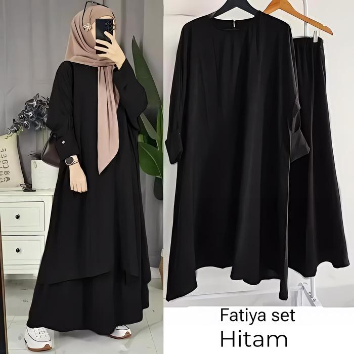 Gambar One Set Abaya Fatiya Set Crinkle Airflow Premium Tunik + Rok Jumbo Baju High Panjang Muslim Wanita Oversize baju Nyaman - Hitam dari Ria grosir Tegal undefined Tokopedia